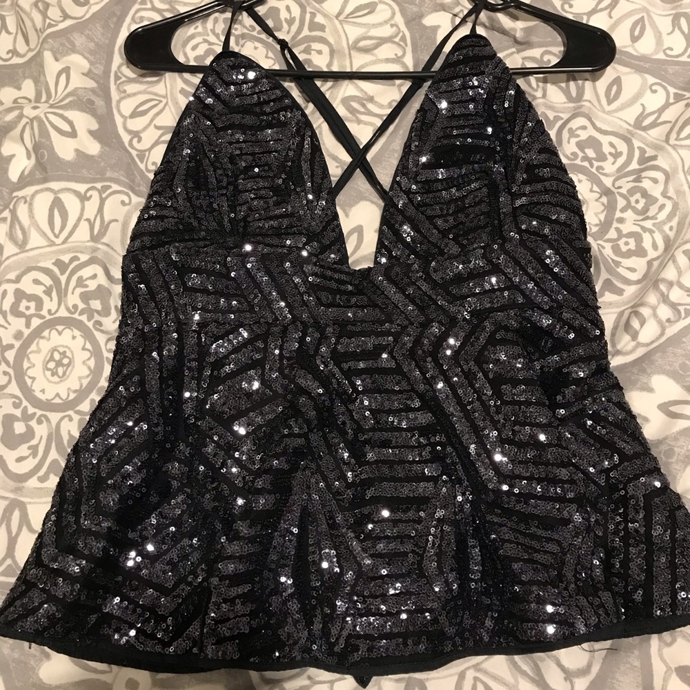 Navy sequined peplum top